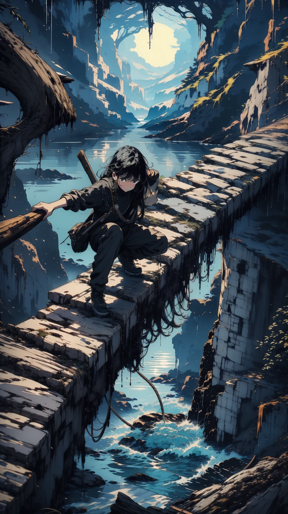 A character balances precariously on a crumbling stone bridge, gripping the weathered wooden railing with white-knuckled intensity. Below, a dark, swirling river adds to the sense of danger and unease, its waters reflecting the eerie, overcast sky above, fantasy world, dark background, clean design, epic, artstation, colorful paint splatter, silhouette, hyper detailed intricate details, unreal engine, fantasy, splash screen, complementary colors, deviantart masterpiece, oil painting, heavy strokes, paint dripping, indifferent expression