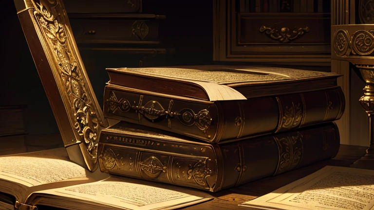 a dusty old book, leather bound cover, yellowed aged pages, found in a forgotten corner, covered by a tattered cloth, intricate ornate details, ornate antique design, detailed textures, warm lighting, dramatic chiaroscuro lighting, cinematic composition, moody atmosphere, photorealistic, 8k, high resolution, highly detailed, masterpiece