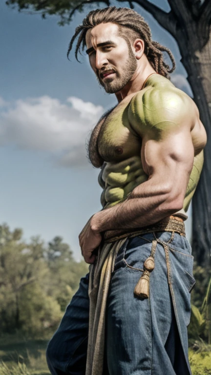 ((Best quality)), ((masterpiece)), (detailed), мужчина полуorc, Asian, druid, fantasies, full length, green skin, orc fangs, pensive, Mouth closed, wise, costs, Not a close-up, Kind, peaceful, in medieval dress, pensive, looks to the sky, Trees in the background, not naked, a bit fat, in a medieval shirt, green skin, orc, Asianские черты лица, bald, полностью green skin, Nicolas cage, Nicolas cage