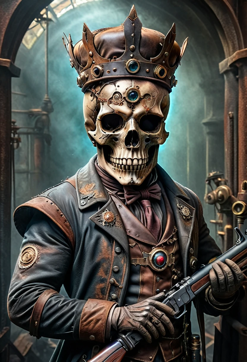 (Realisttic:1.2), analog photo style, (steampunk King of deads, full body shot, ultra detailed skull face, rusty metal crown, hilding antique rifle, detailed perfect eyes, cover, fantasy aura, retro aesthetic, epic realistic photo, colorfull, hyperdetailed, cinematic, dramatic light, intricate details, natural skin texture, hyperrealism, (a perfect combination of steampunk and darkness), faded colours, great quality, Masterpiece, intricate fantasy background, naturally cinematic light, 16k quality, HDR, modern analog photo, lomography colors, vintage warm, dark vignette