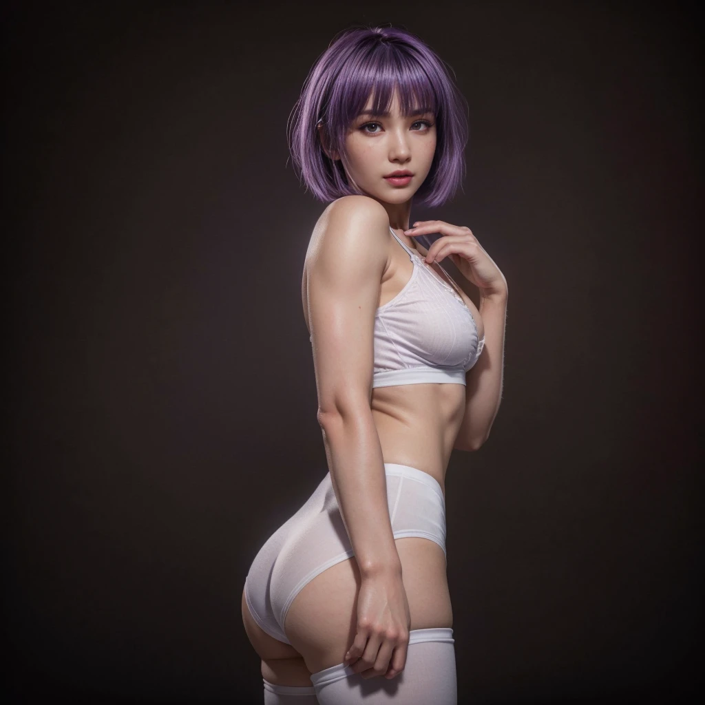 Ayane, Purple hair, (best quality, Ultra-detailed), (realistic:1.37), beautiful and detailed face, ultra-realistic texture, delicate face, delicate body, red lipstick, long-lasting colors. high definition, 8K.