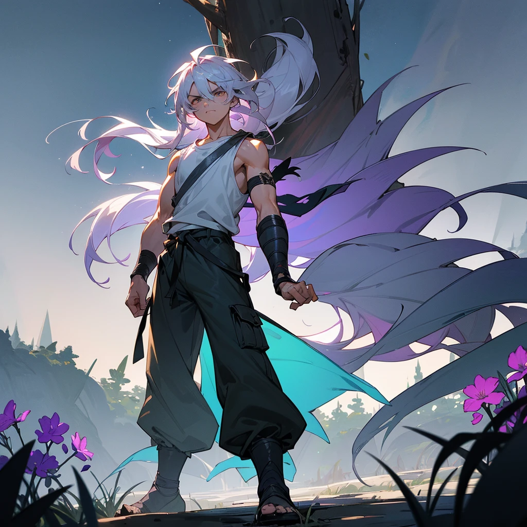 1male, muscular, young , finely detailed lavander eyes, wild long hair, messy hair, seashell white color hair, adventurer gear, sleeveless shirt, baggy combat pants, night time, dark forest, somber expression, angry, flowers, standing on path, lanturns, black armband, cut over eyebrow