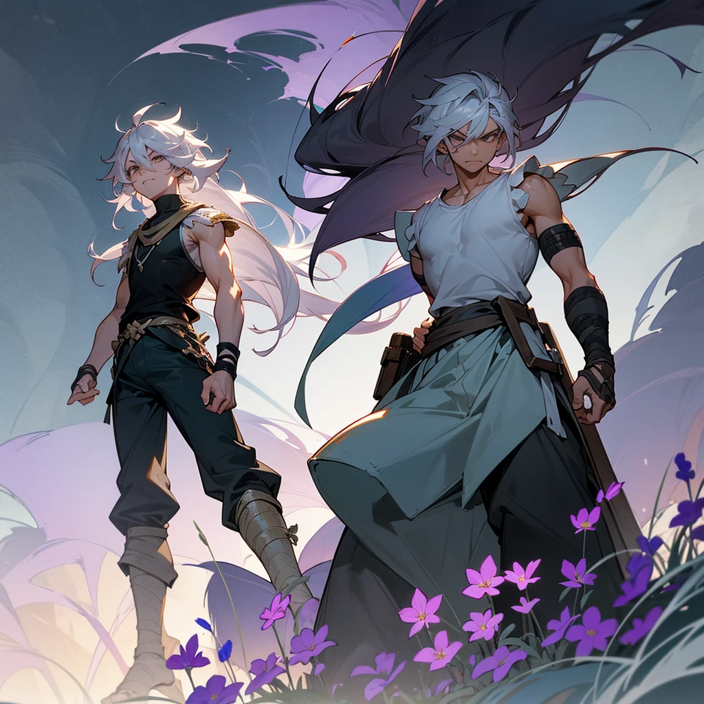1male, muscular, young teen, finely detailed lavander eyes, wild long hair, messy hair, seashell white color hair, adventurer gear, sleeveless shirt, baggy combat pants, night time, dark forest, somber expression, angry, flowers, standing on path, lanturns, black armband, cut over eyebrow