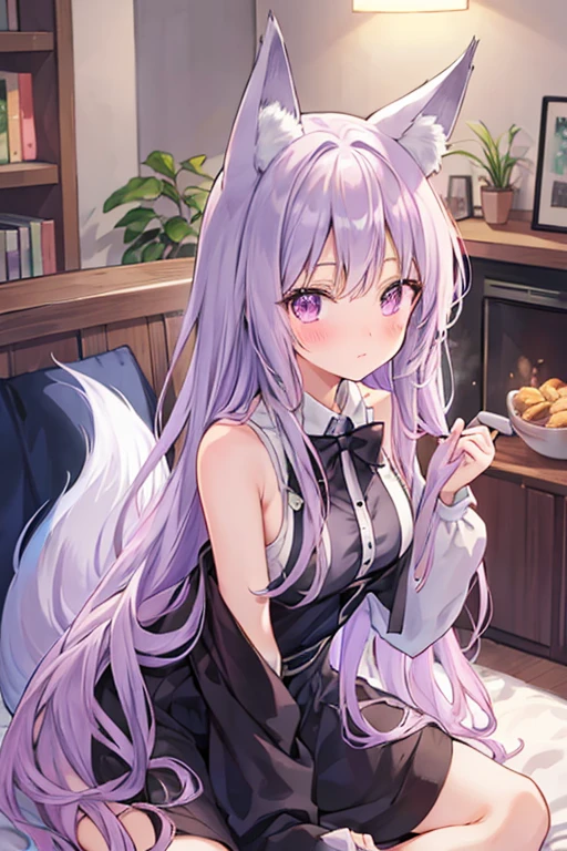 Good quality, perfect quality, perfect, Adult Anime Girl 2d Long Hair Loose light Purple-Grayish, Age Adulthood adult, fox ears, fox tail, living room,cute, blushed, night
