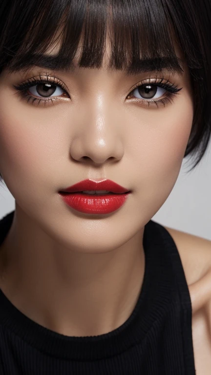 a close-up of a woman with , ela tem cabelo preto with bangs, hime black haircut, ulzzang, korean, with short hair with bangs, with short hair,, garota korean cruel, hairstyle with bangs style, with bangs, korean symmetrical,,,,,,,,,,,,,, ultra-detailed portrait of lips with vibrant red lipstick.The image is full HD with impressive clarity that captures every detail,from the soft lines of the lips to the subtle shine of the lipstick. the lighting accentuates the depth of the color,creating a dramatic and seductive effect,with a dark background to contrast and highlight the lips.

