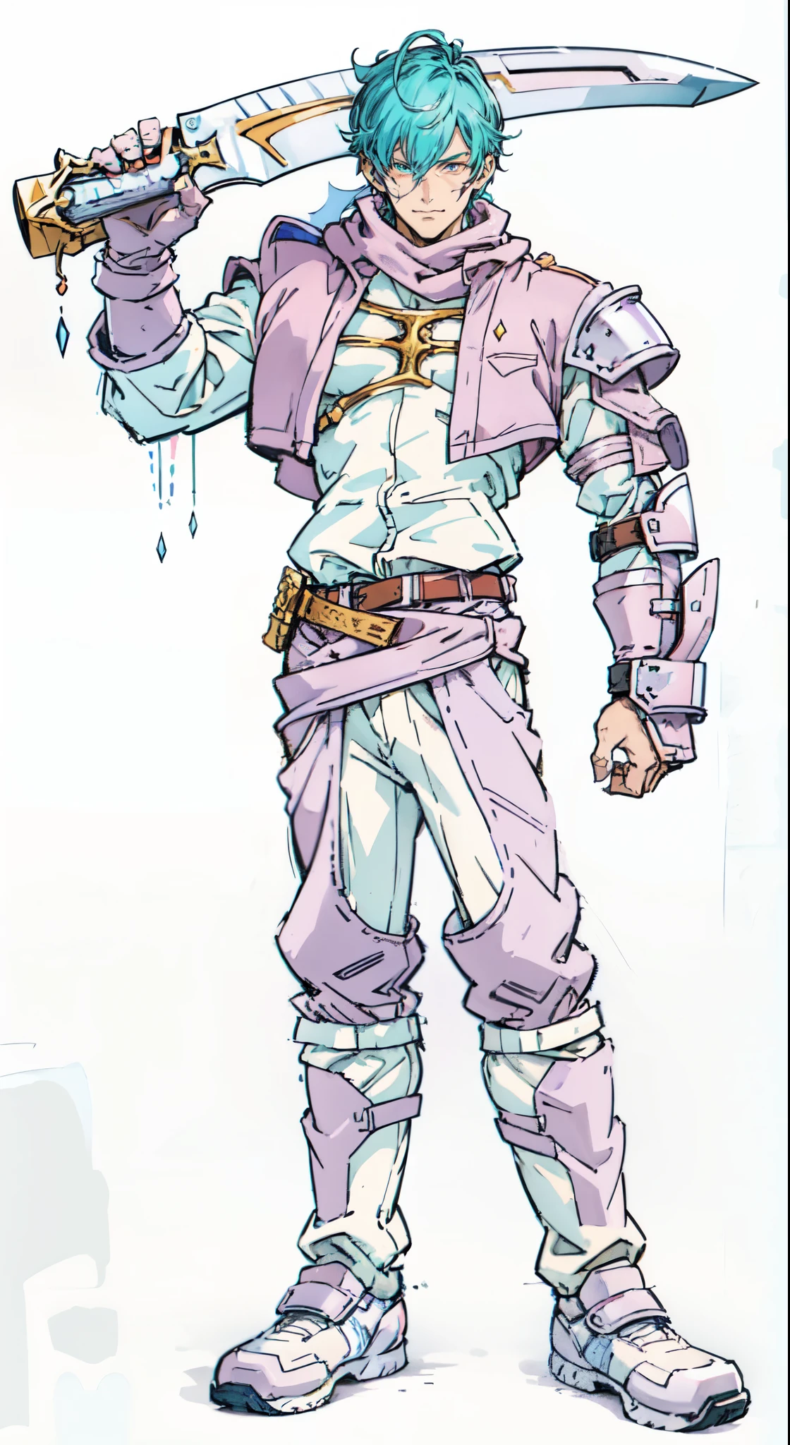 (masterpiece:1.2, best quality:1.2, extremely delicate:1.2), ((male:1.5)), a young man with short blue-purple hair, side-swept bangs covering one eye, a confident expression, a scar on the bridge of his nose, a slight smile on his lips, a dark green scarf around his neck, a fantasy-reality style rogue outfit, an open dark short vest, a layered futuristic tight armor underneath that emits a silver-blue glow, small fitted shoulder armor, matching arm guards and shin guards, a two-piece leather belt at his waist, layered canvas trousers, tall boots, he holds a serrated blade horizontally behind him with his raised right hand, standing imposingly on a windy and sandy hillside, this character embodies a finely crafted fantasy-reality-style rogue in anime style, exquisite and mature manga art style, dramatic, high definition, highres, ultra-detailed, ultra-fine painting, professional, perfect body proportions, golden ratio, anatomically correct, symmetrical face, extremely detailed eyes and face, high quality eyes, creativity, RAW photo, UHD, 32k, Natural light, cinematic lighting, (masterpiece-anatomy-perfect:1.2)