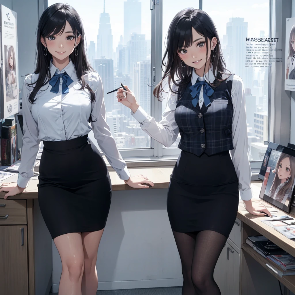 (Best Quality, Masterpiece),Wearing a pink plaid vest, White short sleeved shirt, Gray pencil skirt, Wear stiletto heels, Necklace, earrings, Cute face, Smile, Blushing, Shyness, Glass wall, Ultra Detail, Realistic, Front view, Whole body, stunning, cute, warm smile, hourglass figure, apron, text, chart, advertising, magazine title(Best Quality, Masterpiece), Mag((((1ladyl,)))) (masterpiece), (realistic), (best quality), (ultra-detailed), (wearing in [[white and gray check pattern]] Vest worn over white collared long-sleeved shirt:1.4), (gray vest with buttons:1.2), (Pink Theme:1.2), (blue ribbon ribbon:1.3), (Black theme:1.4), (Tight black pencil skirt:1.5), ((Brown pantyhose)), (high-heels:1.1),longskirt,office desk, office chair,Lulubre Unity 8K Wallpaper, pantyshot, long brown hair, office lady Magazine Cover, 1girl,  amazing, girl, 30 years old, house wiife, warm smile, hourglass figure, text, chart, advertising, magazine title