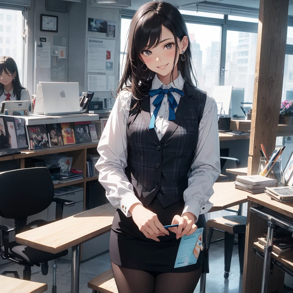 (Best Quality, Masterpiece),Wearing a pink plaid vest, White short sleeved shirt, Gray pencil skirt, Wear stiletto heels, Necklace, earrings, Cute face, Smile, Blushing, Shyness, Glass wall, Ultra Detail, Realistic, Front view, Whole body, stunning, cute, warm smile, hourglass figure, apron, text, chart, advertising, magazine title(Best Quality, Masterpiece), Mag((((1ladyl,)))) (masterpiece), (realistic), (best quality), (ultra-detailed), (wearing in [[white and gray check pattern]] Vest worn over white collared long-sleeved shirt:1.4), (gray vest with buttons:1.2), (Pink Theme:1.2), (blue ribbon ribbon:1.3), (Black theme:1.4), (Tight black pencil skirt:1.5), ((Brown pantyhose)), (high-heels:1.1),longskirt,office desk, office chair,Lulubre Unity 8K Wallpaper, pantyshot, long brown hair, office lady Magazine Cover, 1girl,  amazing, girl, 30 years old, house wiife, warm smile, hourglass figure, text, chart, advertising, magazine title