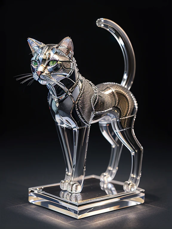 Perfect Crystal Cat Sculpture of great beauty and delicacy, cat sculpture made of transparent glass, of a baby cat&#39;s vermillion filled with bioluminescent flowers, artistic dynamic colors, brights, luminous, insanely detailed beautiful crystallized cat, meticulously detailed filigree tabby cat, 1 gray striped bio luminescent tabby cat, translucent cat sculpture, bright, sparkling, contrast and saturation, underwater particles, translucent glass tabby cat sculpture, magnificent magical fantasy artwork, ultra high quality, luminous gray cat, A hyper-realistic digital work of a delicate and transparent glass sculpture, Optical glass cat, photorealistic,