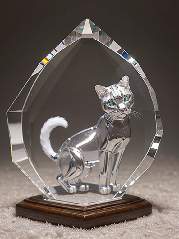 Perfect Crystal Cat Sculpture of great beauty and delicacy, cat sculpture made of transparent glass, of a baby cat's vermillion filled with bioluminescent flowers, artistic dynamic colors, brights, luminous, insanely detailed beautiful crystallized cat, meticulously detailed filigree tabby cat, 1 gray striped bio luminescent tabby cat, translucent cat sculpture, bright, sparkling, contrast and saturation, underwater particles, translucent glass tabby cat sculpture, magnificent magical fantasy artwork, ultra high quality, luminous gray cat, A hyper-realistic digital work of a delicate and transparent glass sculpture, Optical glass cat, photorealistic,