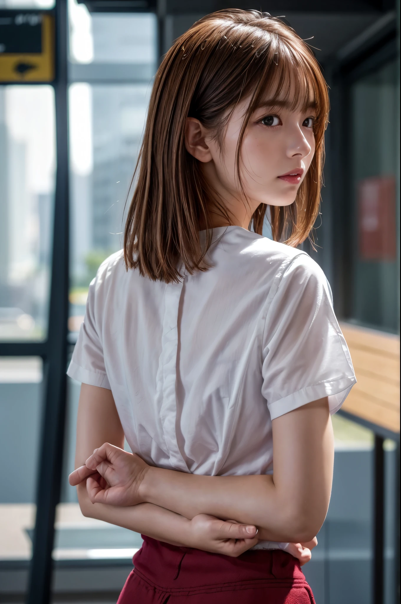 Put your hands behind your back、Put your wrists together、Wrap a rope around your wrist three times、shibari、Beauty、20-year-old、university student、Well-balanced proportions、Small face、Wear a short-sleeved blouse、Wearing a skirt、Anatomically correct body、whole body、, light brown hair, hair over shoulder, parted bangs, straight hair, symbol-shaped pupils, parted lips, horrified, Surrealism, Verism, cinematic lighting, depth of field, first-person view, from behind, f/1.2, Nikon, tachi-e, UHD, high quality, best quality, highres, 8k