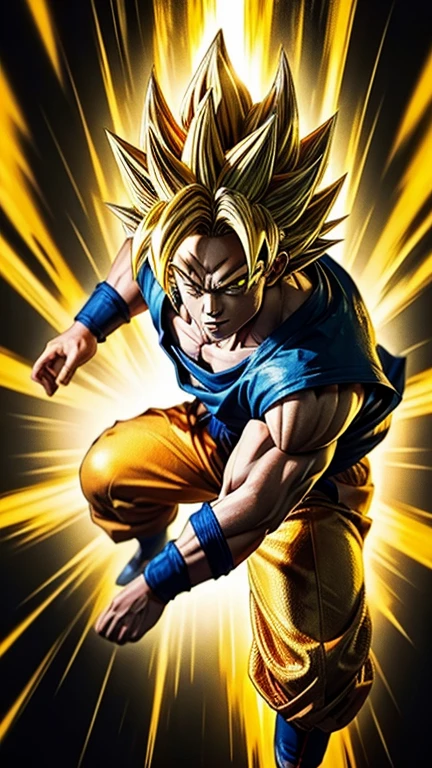 Show Goku in a battle pose, maybe turning into a Super Saiyan, with a golden glow around.