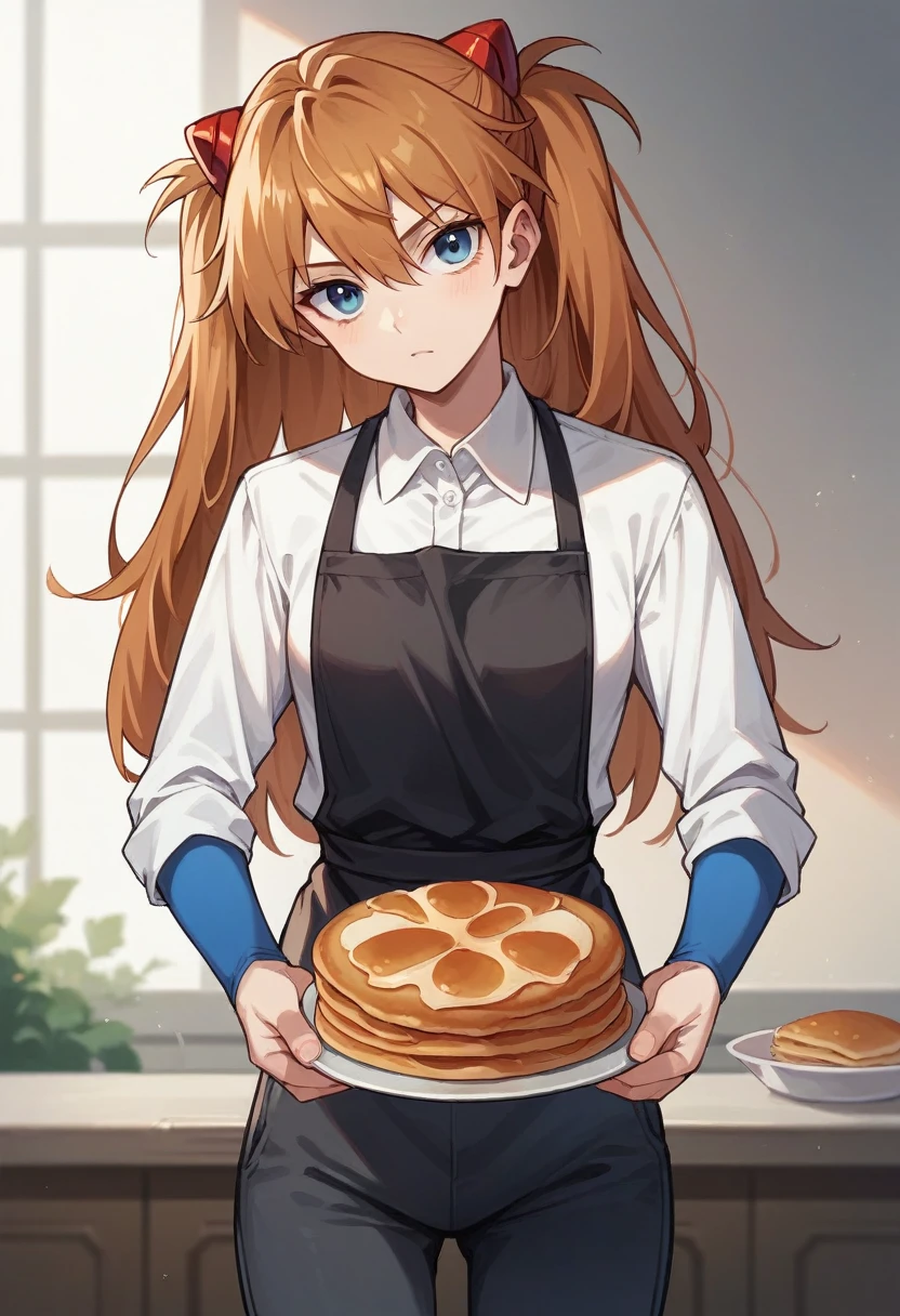 1girl, Souryuu Asuka Langley, ((blue half elbow gloves)), (white shirt), ((long sleeves)), (black apron), (pants), looking at viewer, standing, ((makes pancakes)), solo

