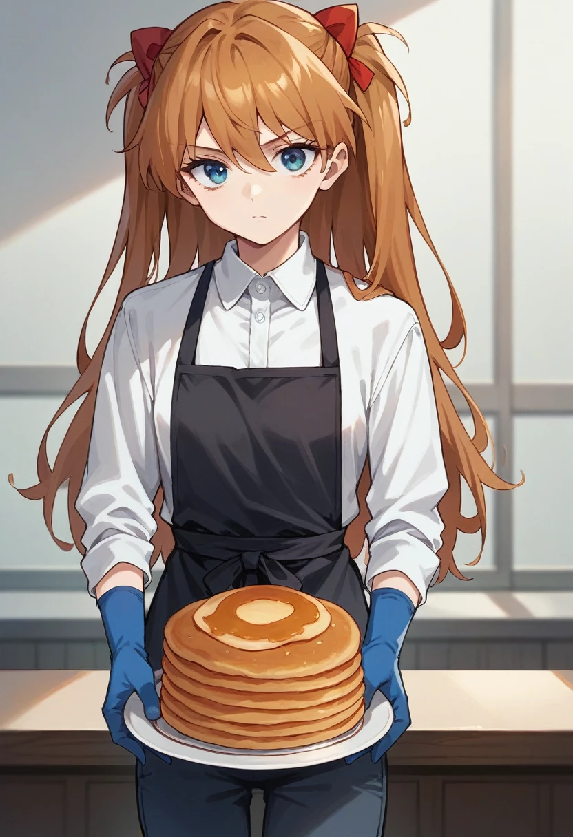 1girl, Souryuu Asuka Langley, ((blue half elbow gloves)), (white shirt), ((long sleeves)), (black apron), (pants), looking at viewer, standing, ((makes pancakes)), solo

