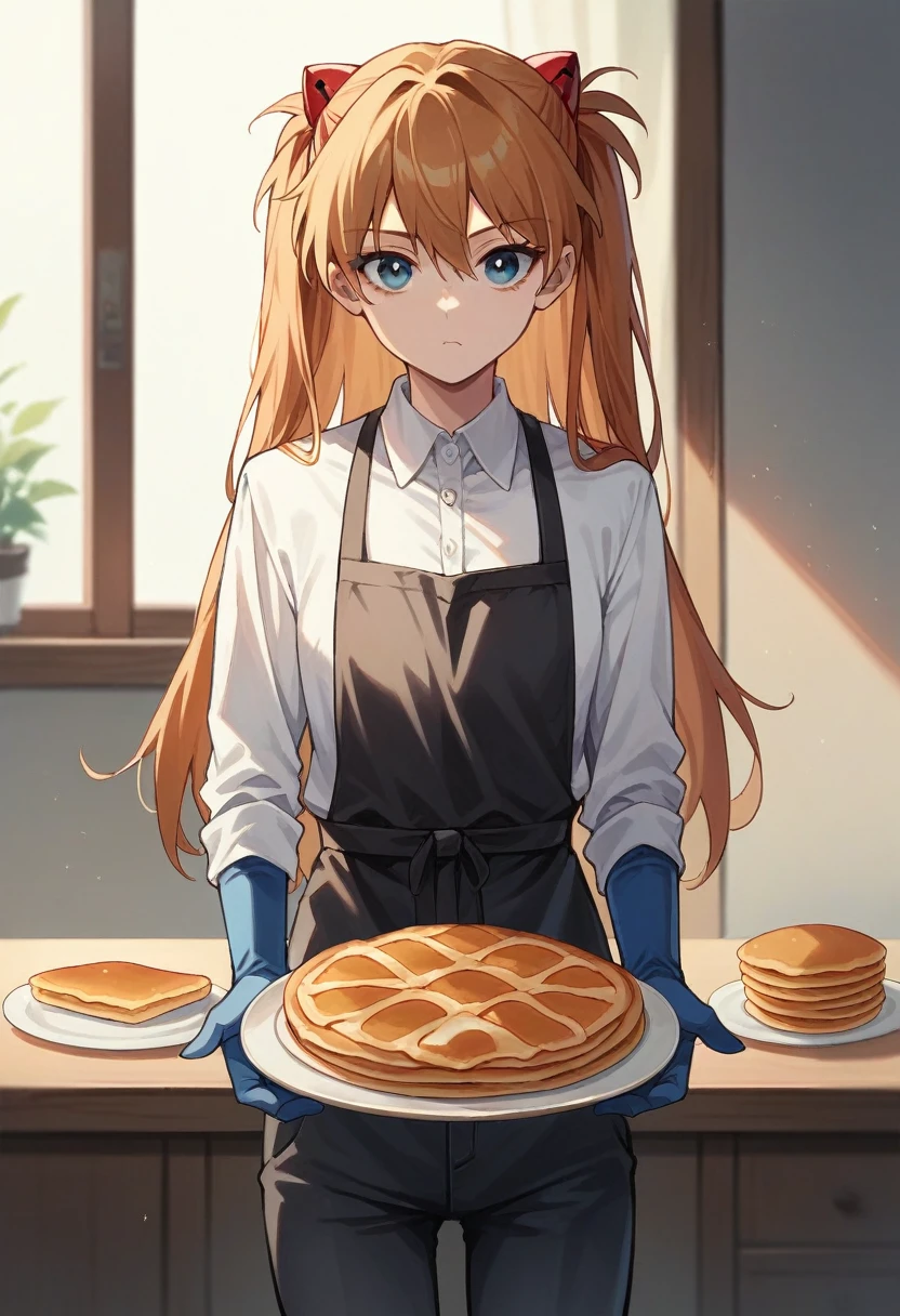 1girl, Souryuu Asuka Langley, ((blue half elbow gloves)), (white shirt), ((long sleeves)), (black apron), (pants), looking at viewer, standing, ((makes pancakes)), solo