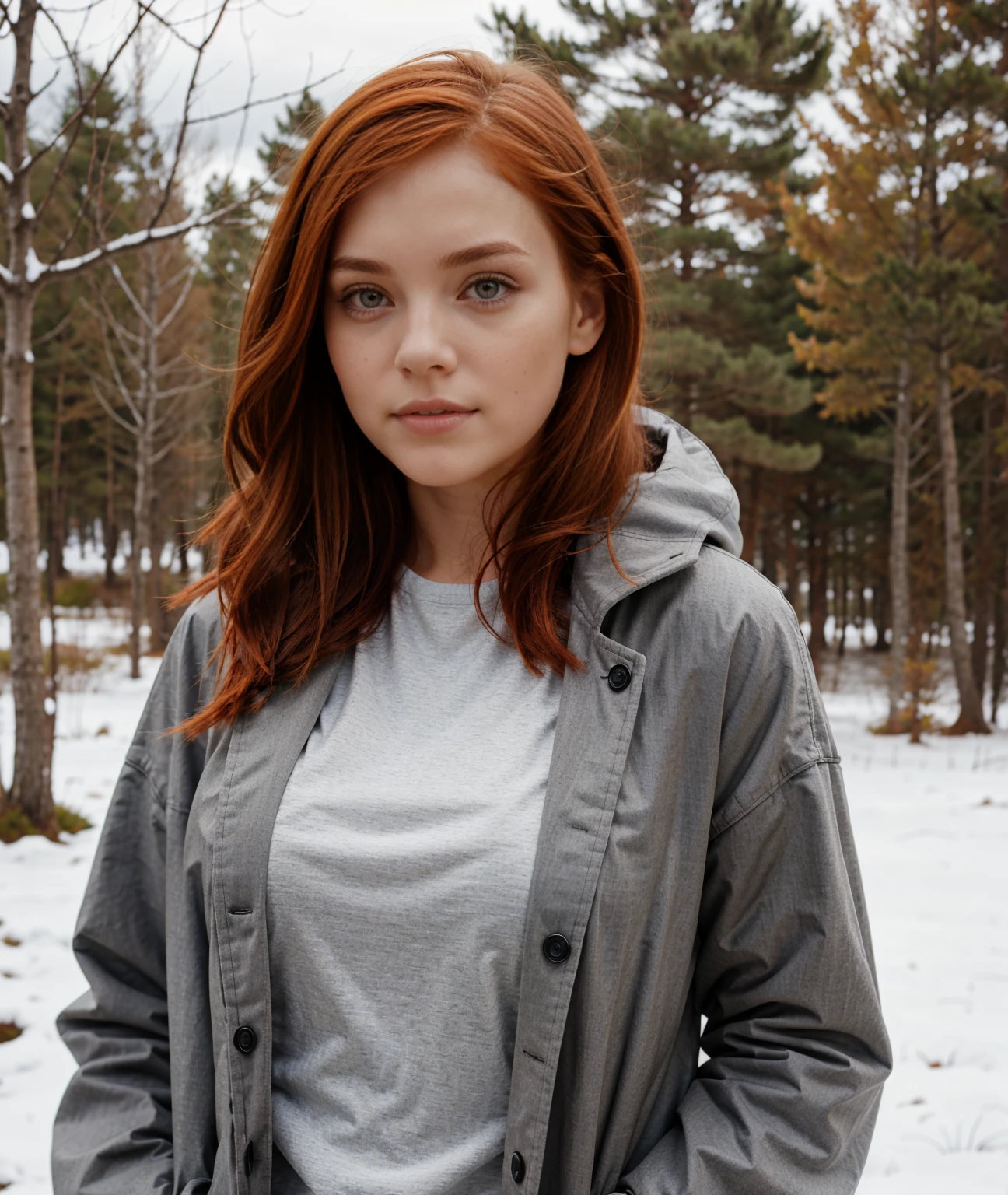 Young woman wearing gray coat, redhead with rare eyes in a natural environment