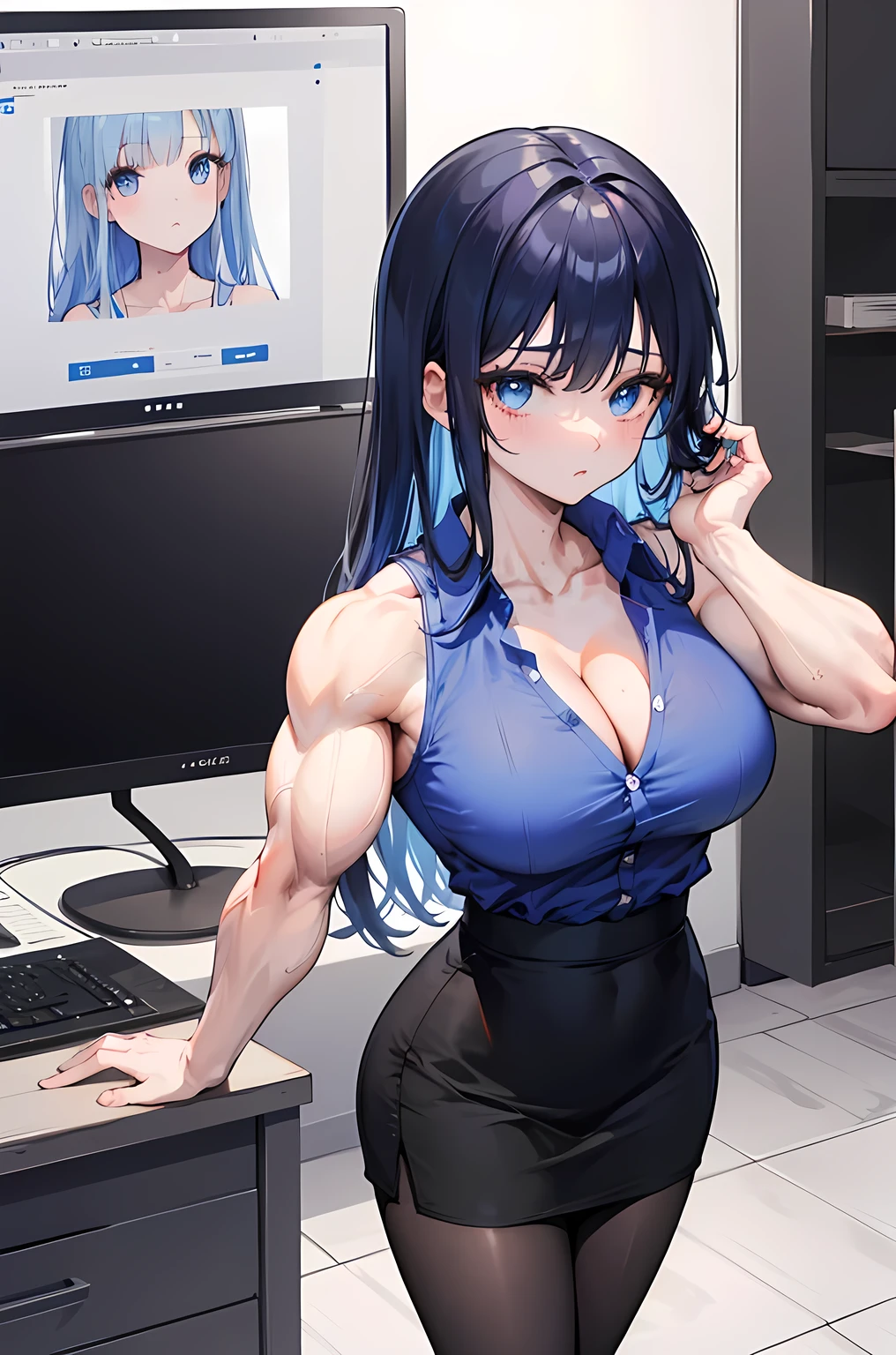 1girl, solo, (blue hair, long hair, bangs, blue eyes, cute face:1.0), (large breasts, muscular, muscles, muscular arms, muscular shoulders:1.2), (collared shirt, button gap, cleavage, collarbone, bursting breasts, black pantyhose, black skirt, pencil skirt, office lady, sleeveless:1.0), indoors, (biceps flex, pumped biceps)