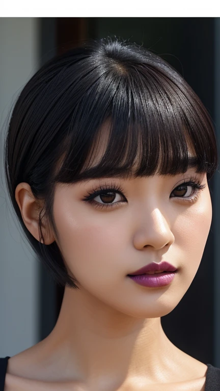 a close-up of a woman with , ela tem cabelo preto with bangs, hime black haircut, ulzzang, korean, with short hair with bangs, with short hair, dilraba dilmurat, garota korean cruel, hairstyle with bangs style, with bangs, korean symmetrical,,,,,,,,,,,,,, ultra-detailed portrait of lips with dark purple lipstick.The image is full HD with impressive clarity that captures every detail,from the soft lines of the lips to the subtle shine of the lipstick. the lighting accentuates the depth of the color,creating a dramatic and seductive effect,with a dark background to contrast and highlight the lips. t-shirt pink