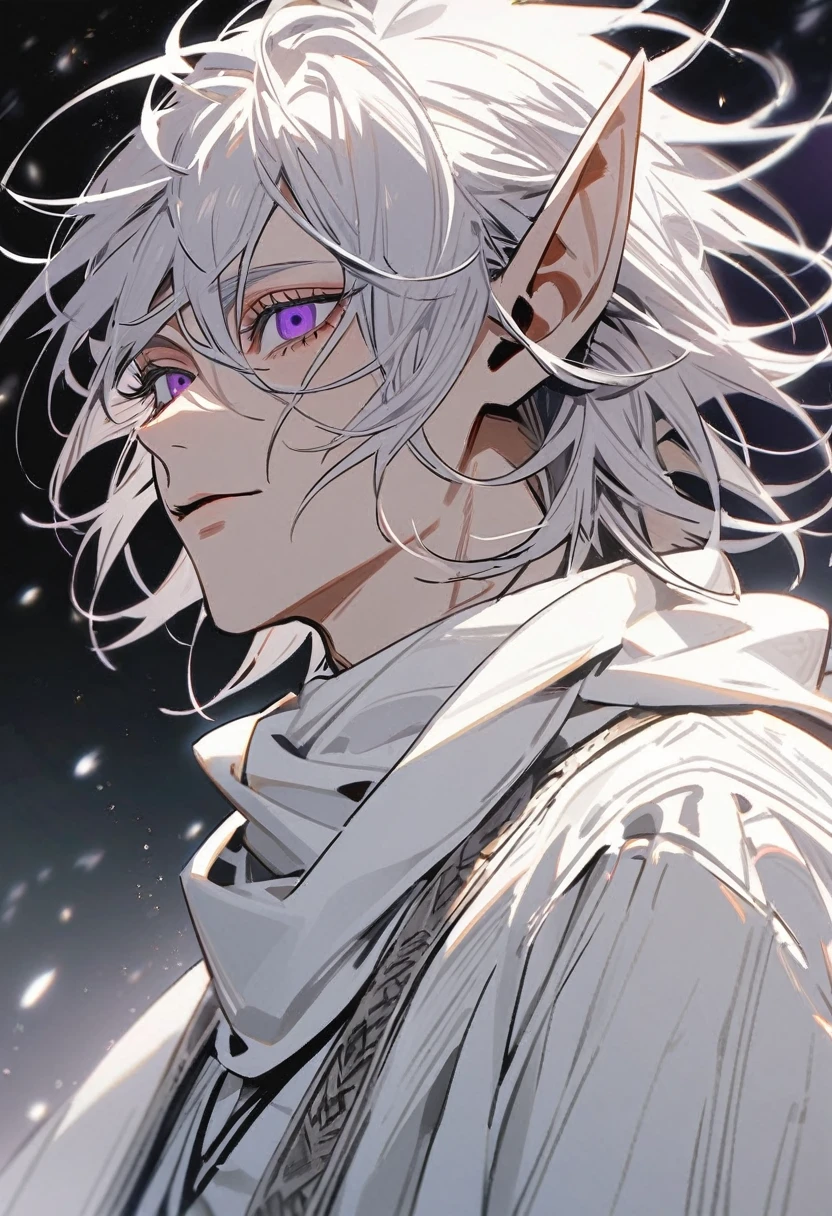 Estilo chainsaw man: A man with silver hair that reaches his shoulders, with detailed purple eyes and elf ears, he wears a white scarf and white clothes