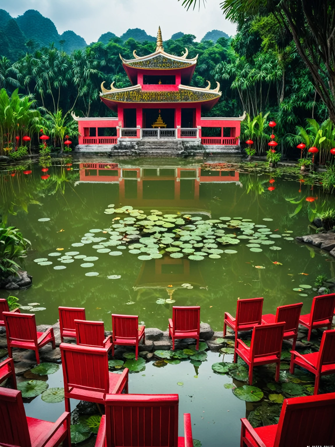 there are many red chairs in front of a building and a pond, vietnam, vietnamese temple scene, tourist destination, jungles of vietnam beautiful, son, beautiful surroundings, full image, travel, unbelievably beautiful, in style of lam manh, touring, miko, stunning image, on its own, stunning visual, far view, easy, high-details, an beautiful