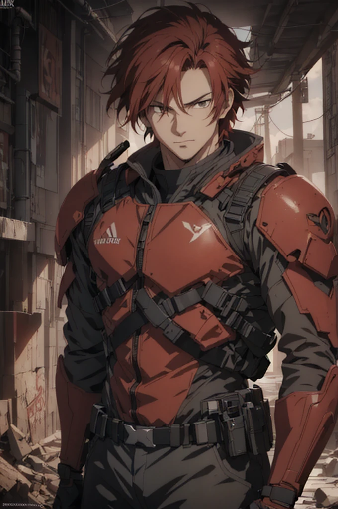 1man, handsome, red wild hair, wearing combat suit, ultra high resolution, best quality, masterpiece, rtx,ray tracing, 4k, top quality, highly detailed, official art, stunning visuals 