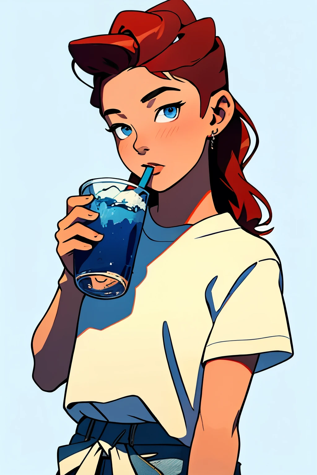masterpiece, best quality, close up,1girl,the highest image quality, 21-year-old woman, looks like Olivia Dunne, bright red hair, blue eyes, wearing a white graphic tee and denim shorts, large breasts, White background, empty background, waist up , drinking a soda