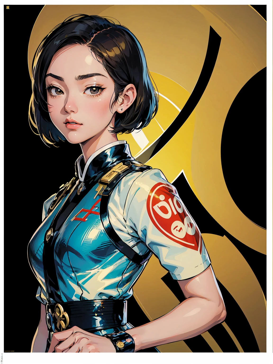 Japanese retro poster of a young woman with short hair in the style of a vintage print with the words "プロンプト シアター" written in the style of Japanese characters on it, featuring a vintage uniform outfit with a black and gold colour scheme in an anime style. --ar 3:4 --niji 6
