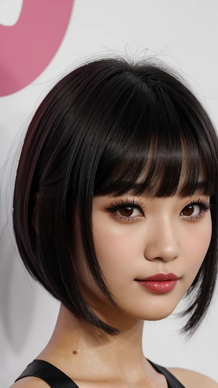 a close-up of a woman with , ela tem cabelo preto with bangs, hime black haircut, ulzzang, korean, with short hair with bangs, with short hair, dilraba dilmurat, garota korean cruel, hairstyle with bangs style, with bangs, korean symmetrical,,,,,,,,,,,,,, ultra-detailed portrait of lips with matte pink lipstick.The image is full HD with impressive clarity that captures every detail,from the soft lines of the lips to the subtle shine of the lipstick. the lighting accentuates the depth of the color,creating a dramatic and seductive effect,with a dark background to contrast and highlight the lips.