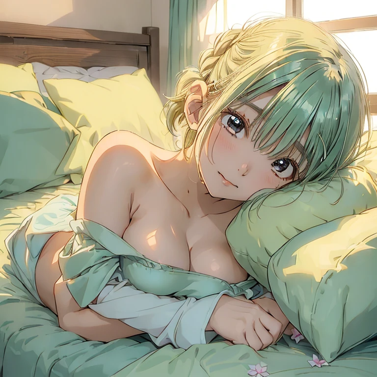 Bed Head,Shaggy hair,Hair between the eyes,Lime yellow hair,Elf Ears,blue eyes,tsurime,White ruffled headband,(Put your arms behind your back), mature, One human girl, ( ((I'm crying a lot))),((Watery eye))、ignore、blush, Open your mouth a little, Medium chest, Highly detailed skins, On the bed, (((Fully naked body)))、(((Girl sleeping on her back)))、Beautiful breasts、((Wide-open legs))、(((Positive)))、(Full view of the buttocks),(Pubic dent)、From below