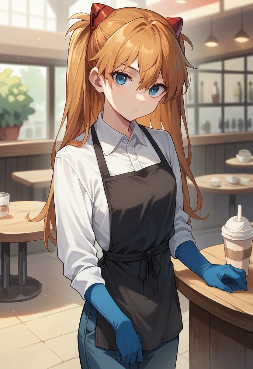 1girl, Souryuu Asuka Langley, ((blue half elbow gloves)), (white shirt), ((long sleeves)), (black apron), (pants), looking at viewer, standing, ((works in a cafe)), solo

