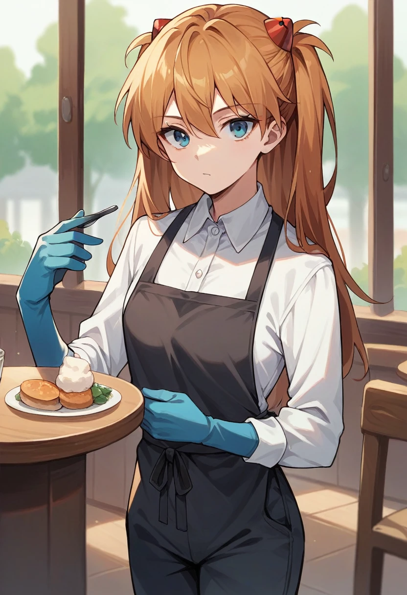1girl, Souryuu Asuka Langley, ((blue half elbow gloves)), (white shirt), ((long sleeves)), (black apron), (pants), looking at viewer, standing, ((works in a cafe)), solo