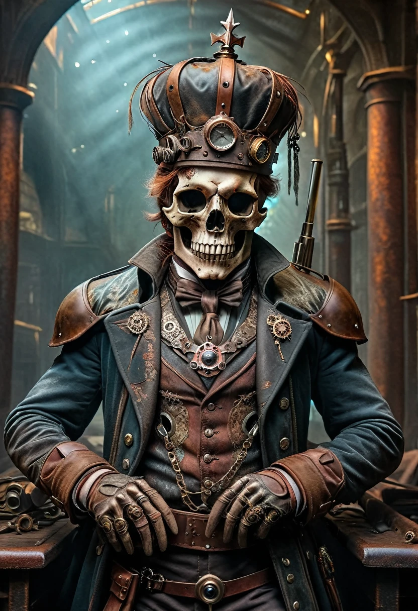 (Realisttic:1.2), analog photo style, (steampunk King of deads, full body shot, ultra detailed skull face, rusty metal crown, hilding antique rifle, detailed perfect eyes, cover, fantasy aura, retro aesthetic, epic realistic photo, colorfull, hyperdetailed, cinematic, dramatic light, intricate details, natural skin texture, hyperrealism, (a perfect combination of steampunk and darkness), faded colours, great quality, Masterpiece, intricate fantasy background, naturally cinematic light, 16k quality, HDR, modern analog photo, lomography colors, vintage warm, dark vignette