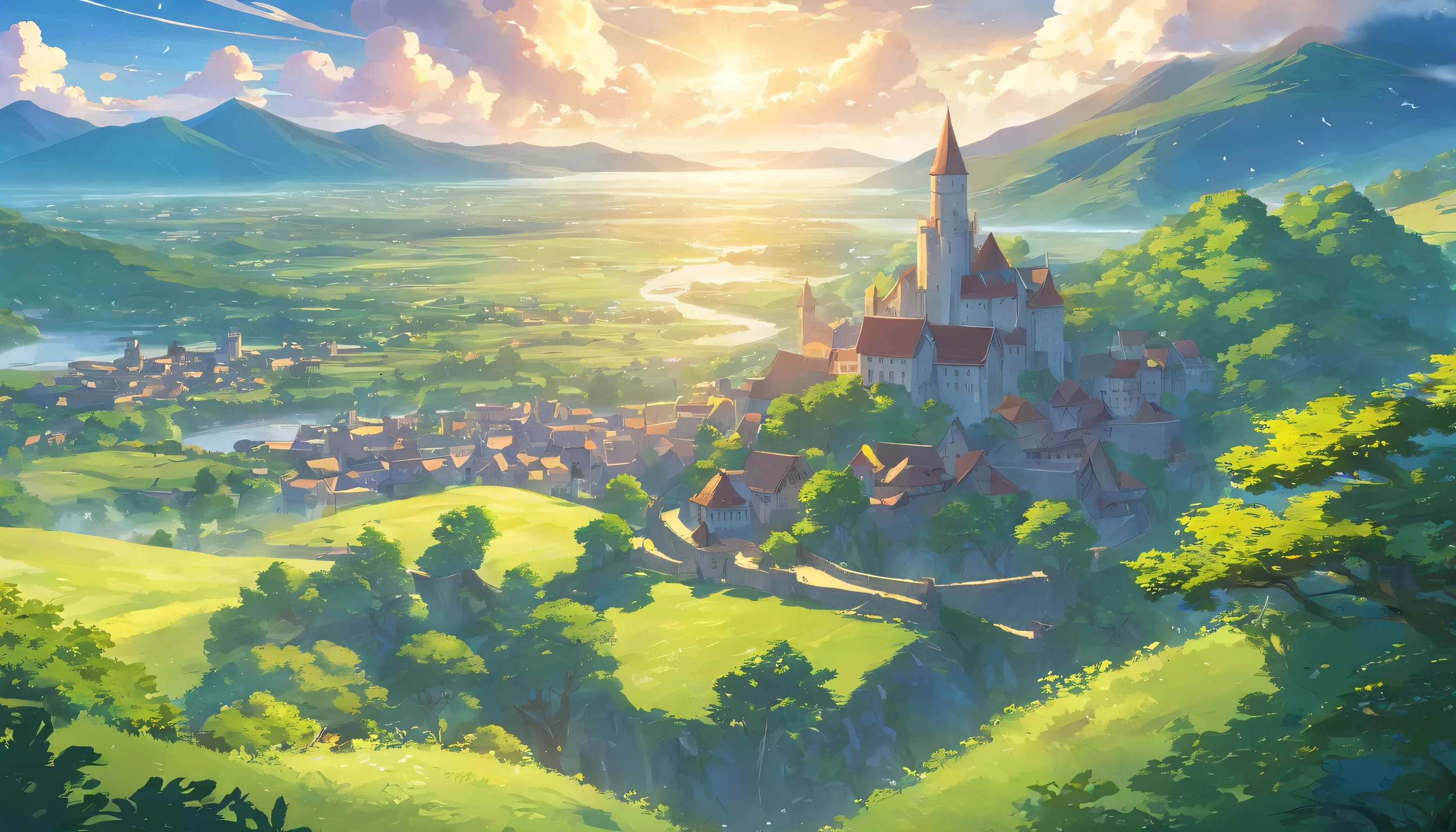 Create a stunning, expansive digital panorama that unveils the entire lost kingdom. In the heart of this kingdom there is a large castle, Built of weathered stones, it is located on top of a rocky hill. The castle should be the central focal point of the scene, He radiates power and history.

surrounding the castle, Create a small group, Modest homes, Forming a village that once flourished in the Kingdom. These homes should show wear and tear over time, With overgrown gardens and broken windows, But it still bears traces of a past life.

The Kingdom&#39;s landscape should be lush and overgrown, With nature restoring the land. The kingdom should be located between hills and dense forests, With a calm river meandering through the scene.

above, The sky should be filled with dramatic clouds that indicate the passage of time and the fading glory of the kingdom. Lighting should be dramatic and moody, Casting shadows that enhance the beauty of the Kingdom&#39;s architecture.

The overall composition should embody the grandeur of the castle and the charm of the village within the kingdom, Inviting viewers to contemplate the mysteries and stories hidden within this lost world
