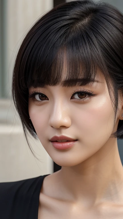 a close-up of a woman with , ela tem cabelo preto with bangs, hime black haircut, ulzzang, korean, with short hair with bangs, with short hair, dilraba dilmurat, garota korean cruel, hairstyle with bangs style, with bangs, korean symmetrical,,,,,,,,,,,,,, ultra-detailed portrait of lips with nude lipstick the image is full HD with impressive clarity that captures every detail,from the soft lines of the lips to the subtle shine of the lipstick. the lighting accentuates the depth of the color,creating a dramatic and seductive effect,with a dark background to contrast and highlight the lips.

