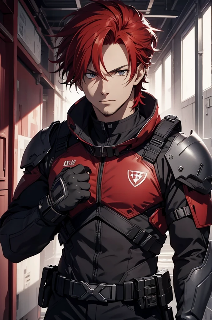 1man, handsome, red wild hair, wearing combat suit, ultra high resolution, best quality, masterpiece, rtx,ray tracing, 4k, top quality, highly detailed, official art, stunning visuals 