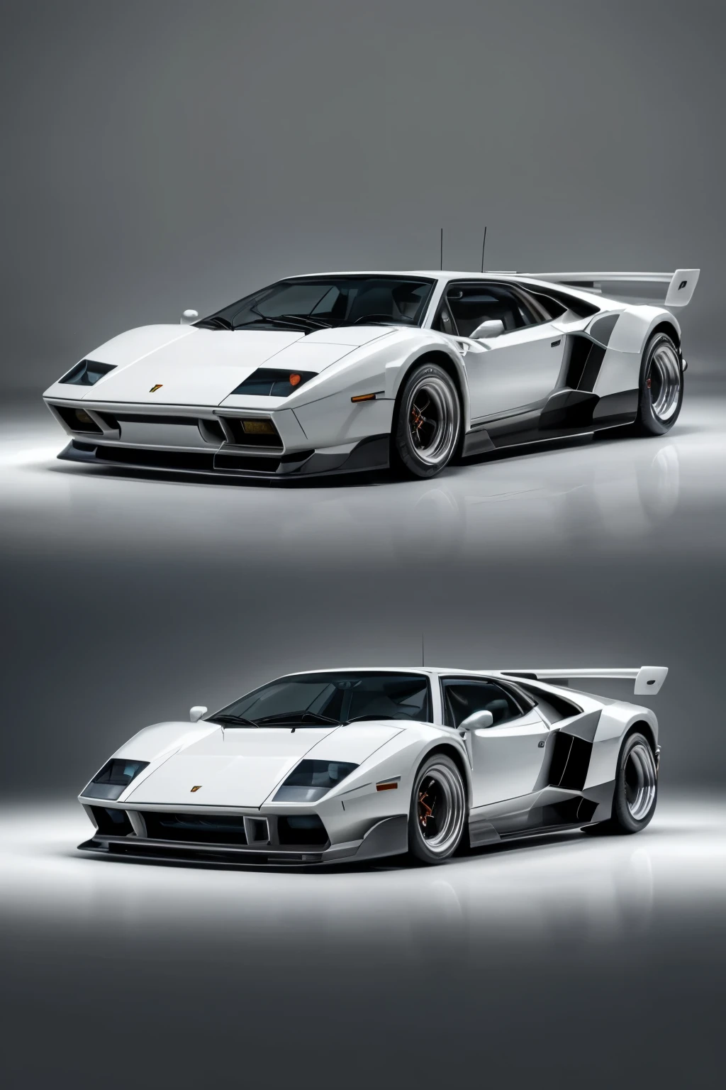 Draw a captivating fusion of the iconic White Ferrari F-40 and the luxurious White Lamborghini Countach, showcased in three immaculate frames:

1. Front view:
The fusion of the White Ferrari F-40 and White Lamborghini Countach is breathtaking in this frontal view. The distinct angular nose of the F-40 blends seamlessly with the Countach's iconic wedge-shaped design, creating a harmonious blend of two legendary supercars. The fusion's front grille maintains the Countach's quad-headlights setup, yet the overall shape is reminiscent of the F-40