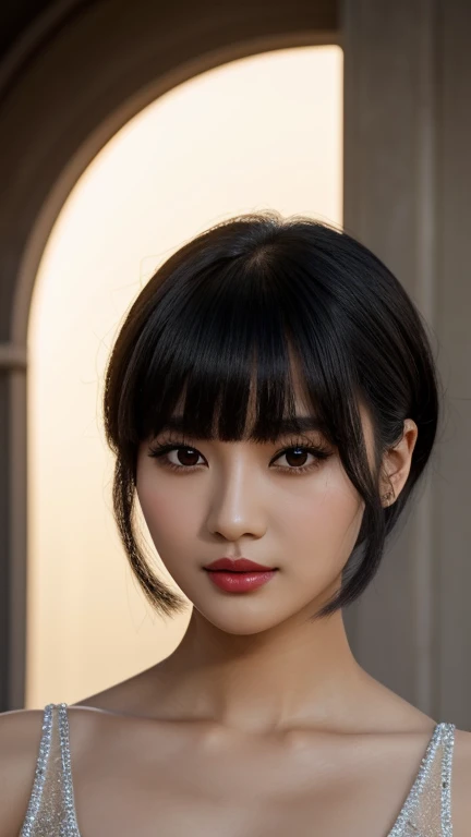 a close-up of a woman with , ela tem cabelo preto with bangs, hime black haircut, ulzzang, korean, with short hair with bangs, with short hair, dilraba dilmurat, garota korean cruel, hairstyle with bangs style, with bangs, korean symmetrical,,,,,,,,,,,,,, ultra-detailed portrait of lips with dark nude lipstick.The image is full HD with impressive clarity that captures every detail,from the soft lines of the lips to the subtle shine of the lipstick. the lighting accentuates the depth of the color,creating a dramatic and seductive effect,with a dark background to contrast and highlight the lips.