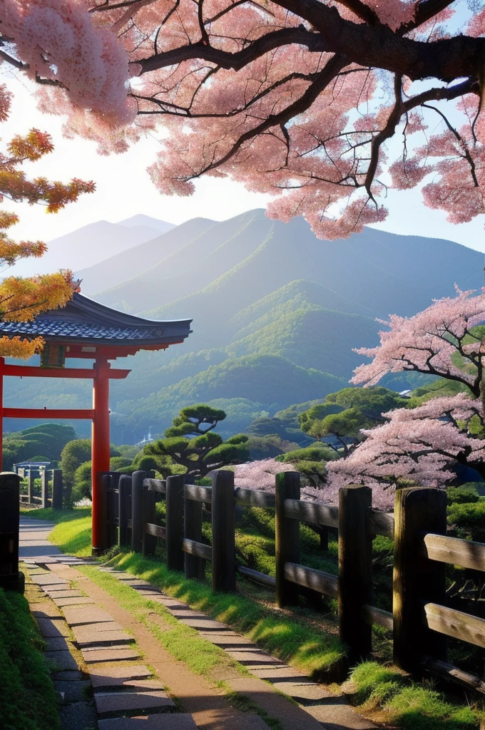 Arafad view of the Toritoli gate and the path leading to the mountain, Mount Japan中的鸟居, Japanese Landscape, Torii gate with trees on the mountain, Japanese Nature, lush Japanese Landscape, Mount Japan, Japanese temples, In-depth travel exploration in Japan, Japan travel美學, Japan travel與探險, Japanese Shrines, Japan travel ,  ((low angle shot 1.7)) ((Camera lens close to the ground to shoot 1.8))