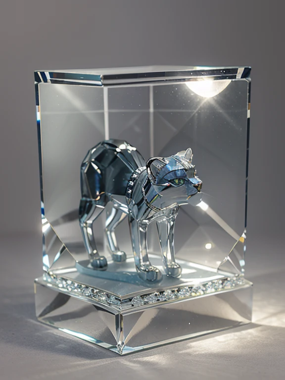 Perfect Crystal Cat Sculpture of great beauty and delicacy, cat sculpture made of transparent glass, of a baby cat&#39;s vermillion filled with bioluminescent flowers, artistic dynamic colors, brights, luminous, insanely detailed beautiful crystallized cat, meticulously detailed filigree tabby cat, 1 Bioluminescent Striped Gray Tabby Cat, translucent cat sculpture, bright, sparkling, contrast and saturation, underwater particles, translucent glass tabby cat sculpture, magnificent magical fantasy artwork, ultra high quality, luminous gray cat, A hyper-realistic digital work of a delicate and transparent glass sculpture, Optical glass cat, photorealistic, portrait glass cat sculpture, phosphorescent crystal stones,