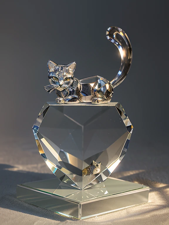 Perfect Crystal Cat Sculpture of great beauty and delicacy, cat sculpture made of transparent glass, of a baby cat&#39;s vermillion filled with bioluminescent flowers, artistic dynamic colors, brights, luminous, insanely detailed beautiful crystallized cat, meticulously detailed filigree tabby cat, 1 Bioluminescent Striped Gray Tabby Cat, translucent cat sculpture, bright, sparkling, contrast and saturation, underwater particles, translucent glass tabby cat sculpture, magnificent magical fantasy artwork, ultra high quality, luminous gray cat, A hyper-realistic digital work of a delicate and transparent glass sculpture, Optical glass cat, photorealistic, portrait glass cat sculpture, phosphorescent crystal stones,