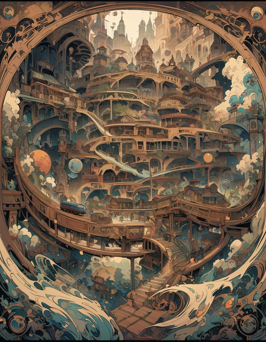 An intricate illustration of an architectural structure with multiple levels and pathways, each representing different aspects or elements in the world of time travel, such as train cars, people floating through time in small circles around Earth, all connected by bridges and stairs. The overall design is a blend of detailed woodcut print style and futuristic aesthetic, with warm sepia tones and blue accents for contrast. People working on various parts of it. --ar 3:4 --niji 6