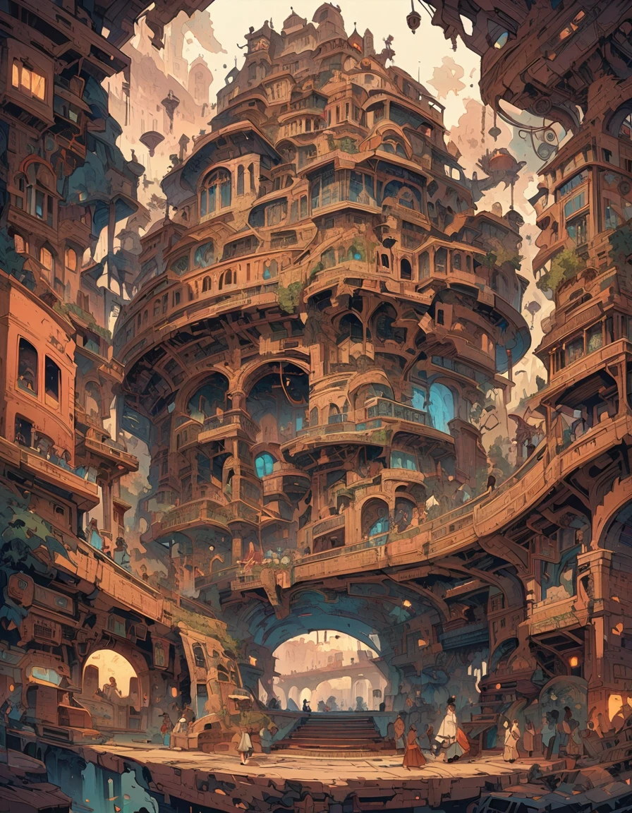 An intricate illustration of an architectural structure with multiple levels and pathways, each representing different aspects or elements in the world of time travel, such as train cars, people floating through time in small circles around Earth, all connected by bridges and stairs. The overall design is a blend of detailed woodcut print style and futuristic aesthetic, with warm sepia tones and blue accents for contrast. People working on various parts of it. --ar 3:4 --niji 6