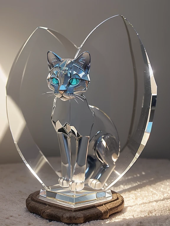 Perfect Crystal Cat Sculpture of great beauty and delicacy, cat sculpture made of transparent glass, of a baby cat's vermillion filled with bioluminescent flowers, artistic dynamic colors, brights, luminous, insanely detailed beautiful crystallized cat, meticulously detailed filigree tabby cat, 1 Bioluminescent Striped Gray Tabby Cat, translucent cat sculpture, bright, sparkling, contrast and saturation, underwater particles, translucent glass tabby cat sculpture, magnificent magical fantasy artwork, ultra high quality, luminous gray cat, A hyper-realistic digital work of a delicate and transparent glass sculpture, Optical glass cat, photorealistic, portrait glass cat sculpture
