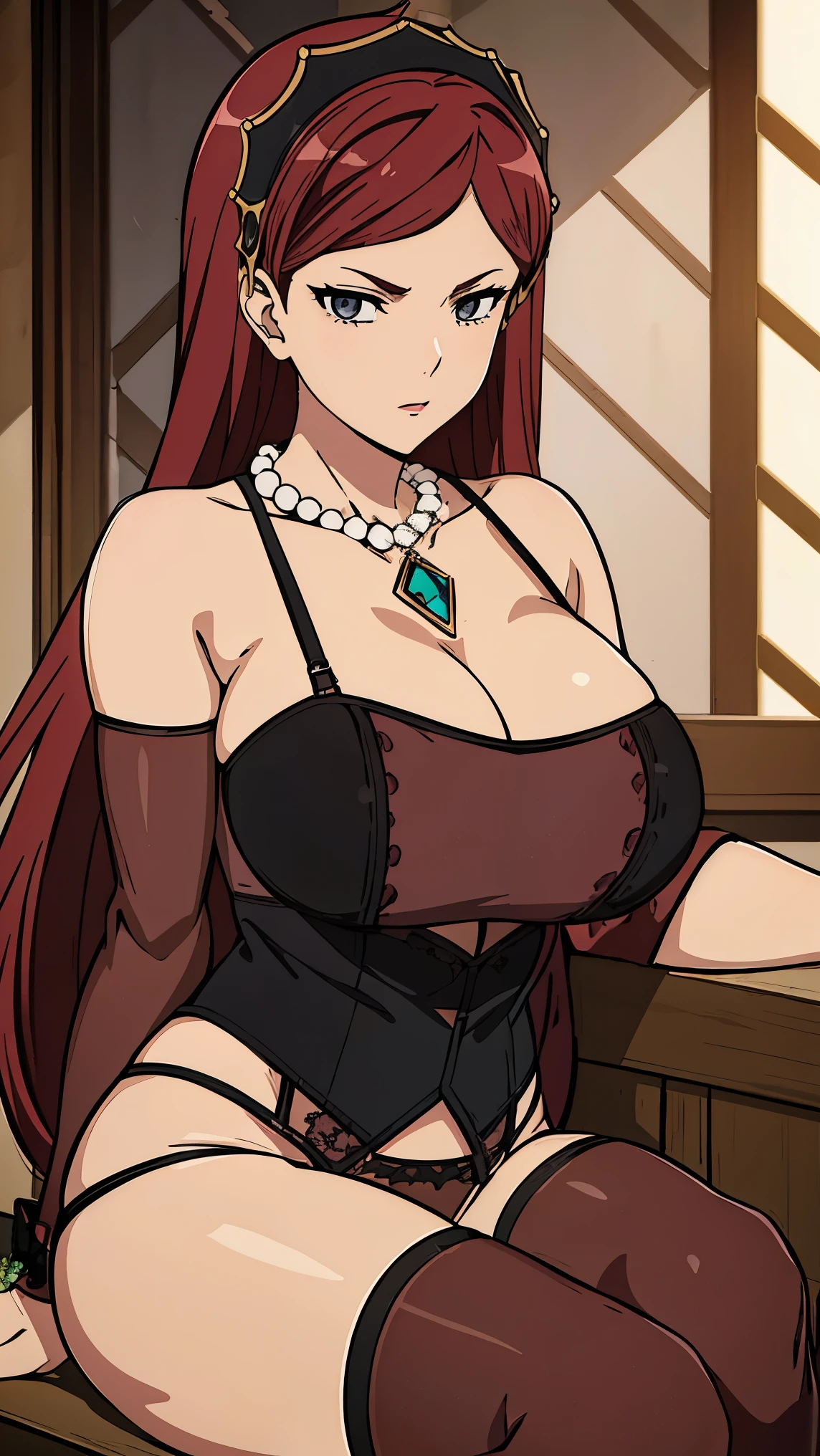 black bra, panties, hair band, maroon hair, milf, busty, huge  , long hair,  emotionless, detailed, upperbody, necklace, lingerie, black garter belt, stocking, sitting, spread legs, 