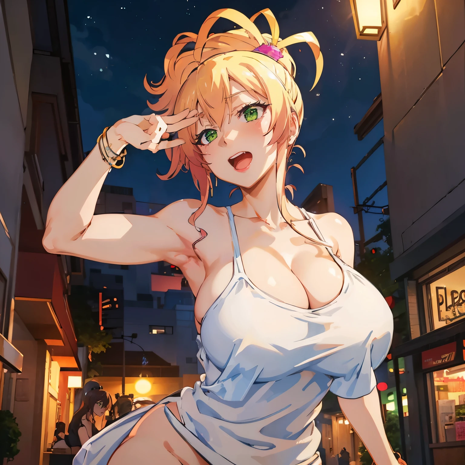 Very Huge , upperbody, 1women, solo, ((nude)), outdoor, night city, ((busty)), blonde hair, green eyes, ponytail hair, smile, detailed face, view at camera, , cleavage, upperbody, white tank top, off shoulder, cleavage, open mouth, standing, random pose, panties