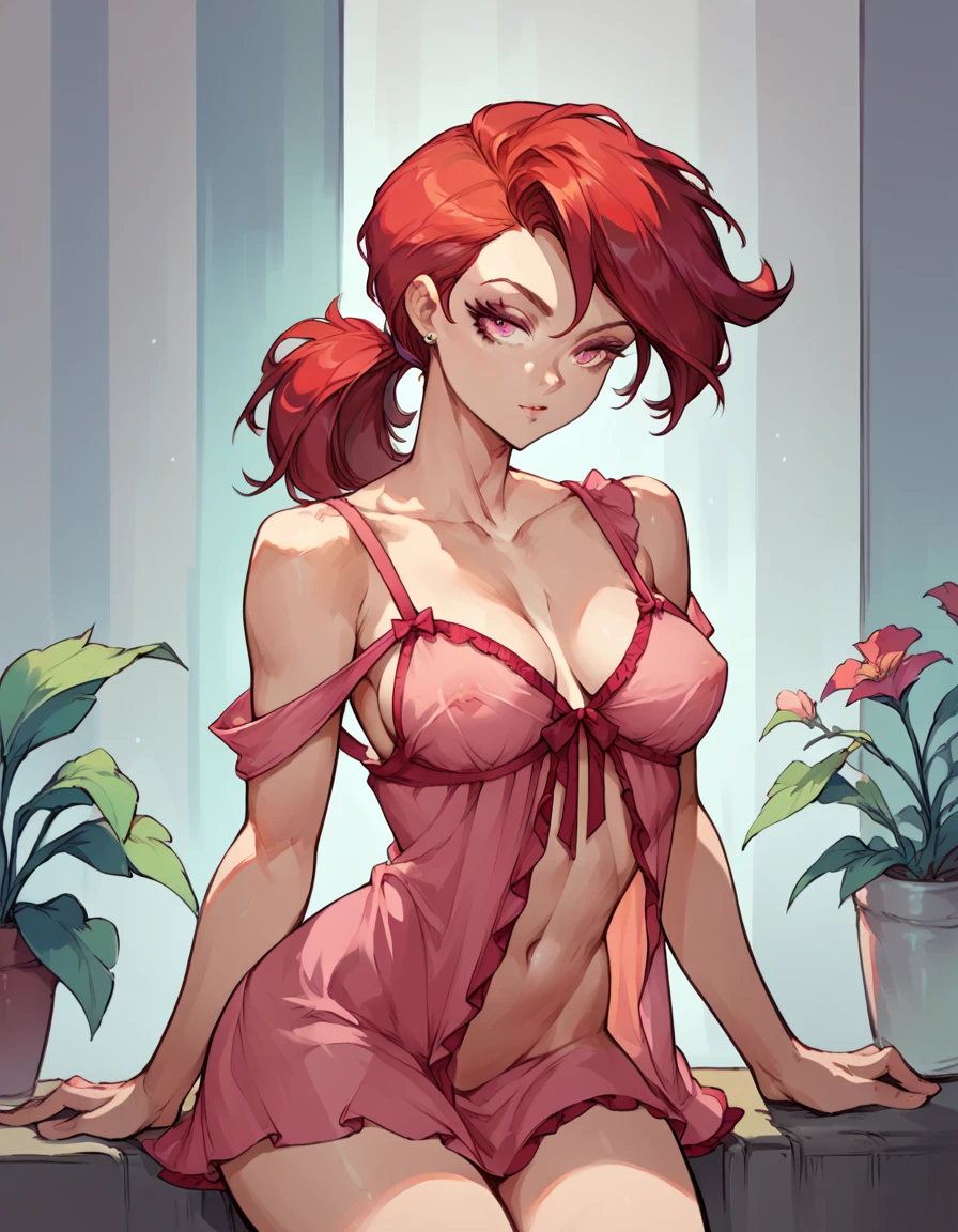 score_9, score_8_up, score_7_up, score_6_up, score_5_up, score_4_up, source_anime, Vicky from fairly odd parents, pink eyes, red hair, off shoulder babydoll