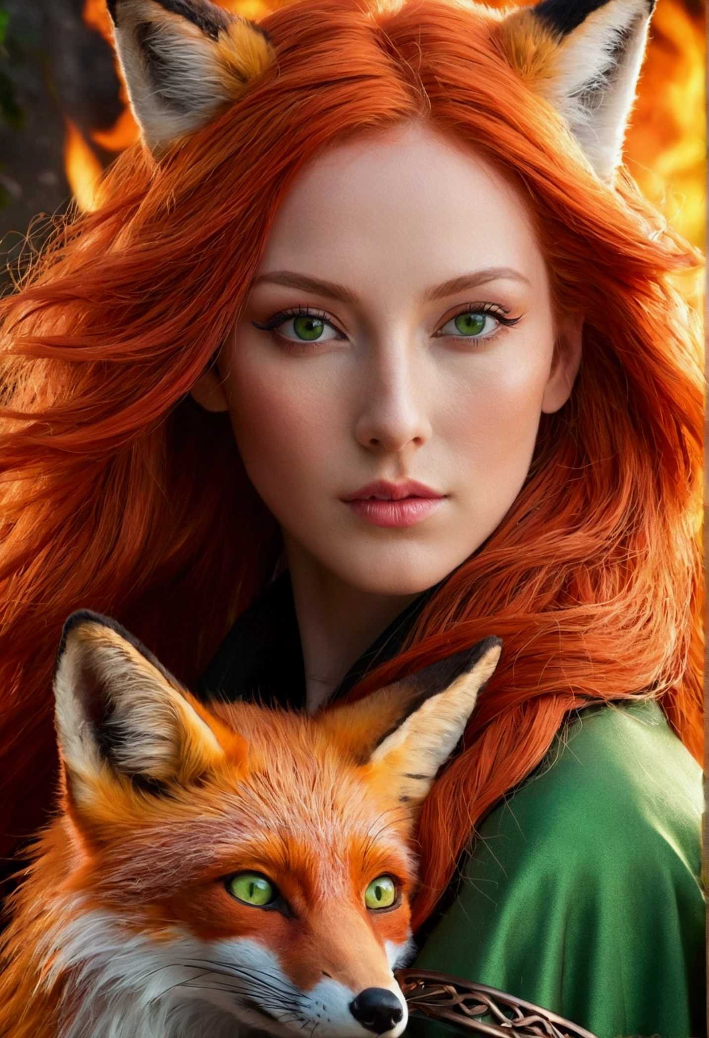 a close up of a woman with red hair and a fox, a beautiful fox lady, foxgirl, orange skin and long fiery hair, green eyes, magali villeneuve', graphic artist magali villeneuve, ginger hair and fur, inspired by Magali Villeneuve, in style of anne stokes, red haired goddess, fantasy fox love, fire hair, by Galen Dara
