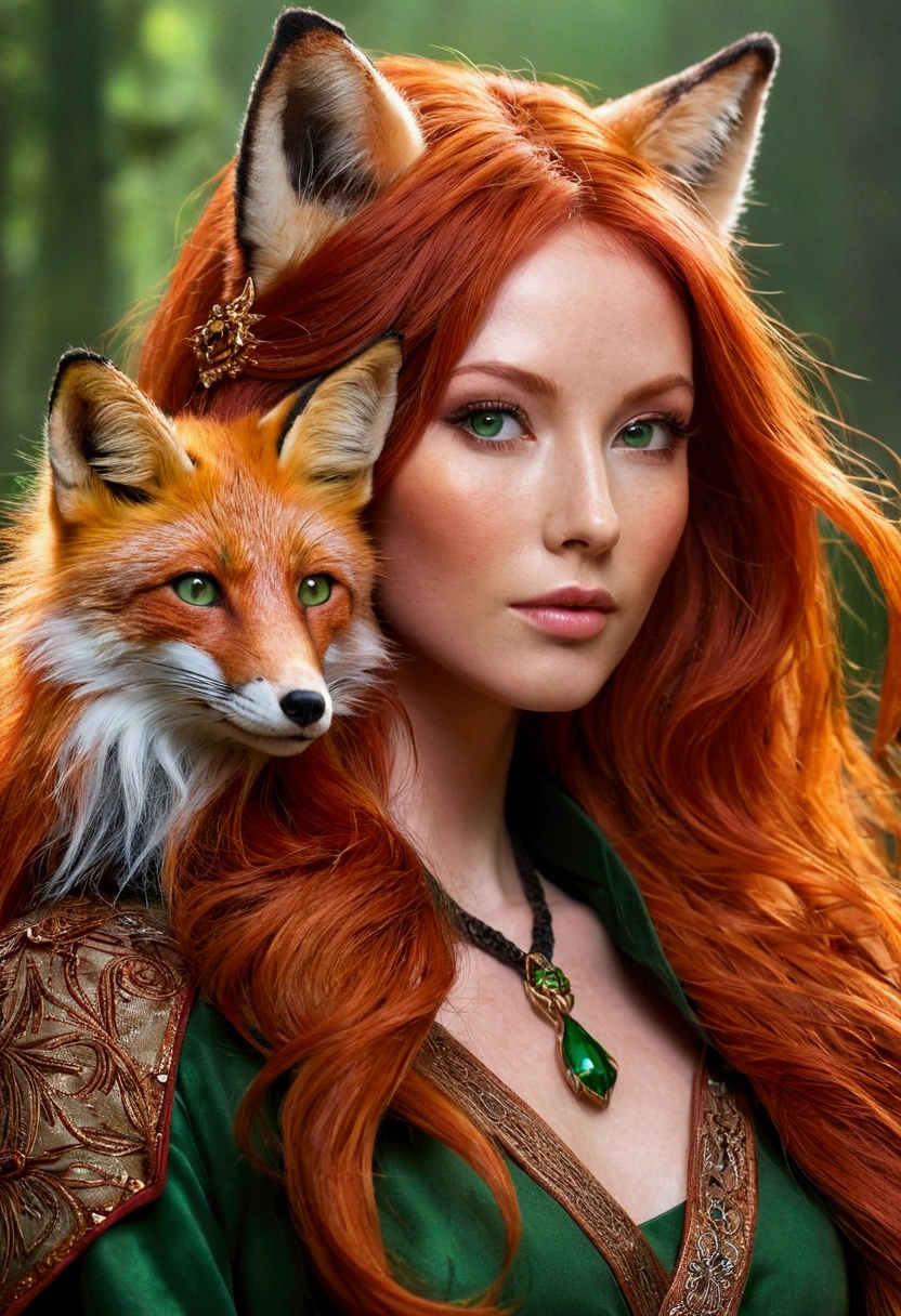 a close up of a woman with red hair and a fox, a beautiful fox lady, foxgirl, orange skin and long fiery hair, green eyes, magali villeneuve', graphic artist magali villeneuve, ginger hair and fur, inspired by Magali Villeneuve, in style of anne stokes, red haired goddess, fantasy fox love, fire hair, by Galen Dara
