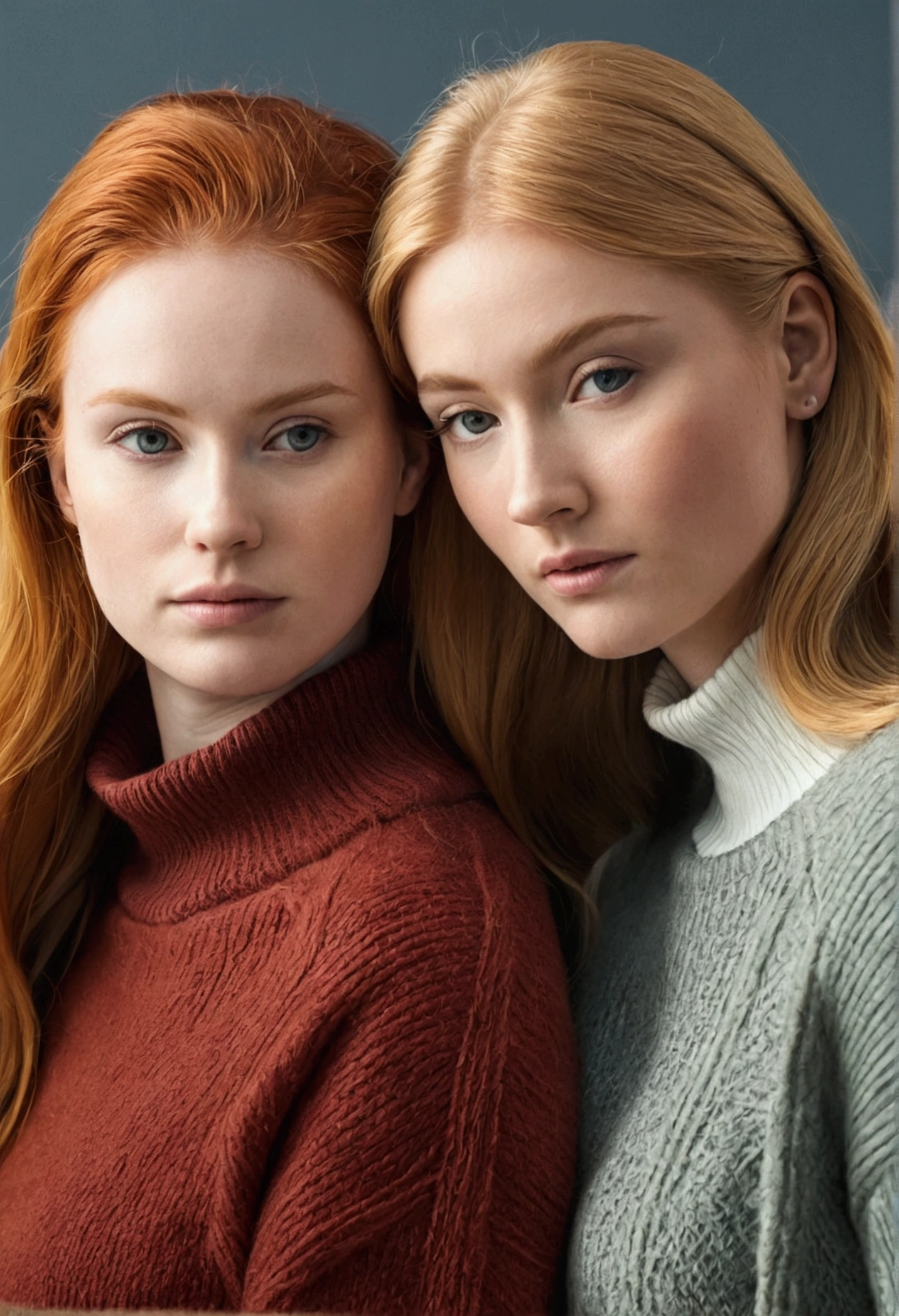 Blonde girl and her redhead colleague next to each other wearing sweaters