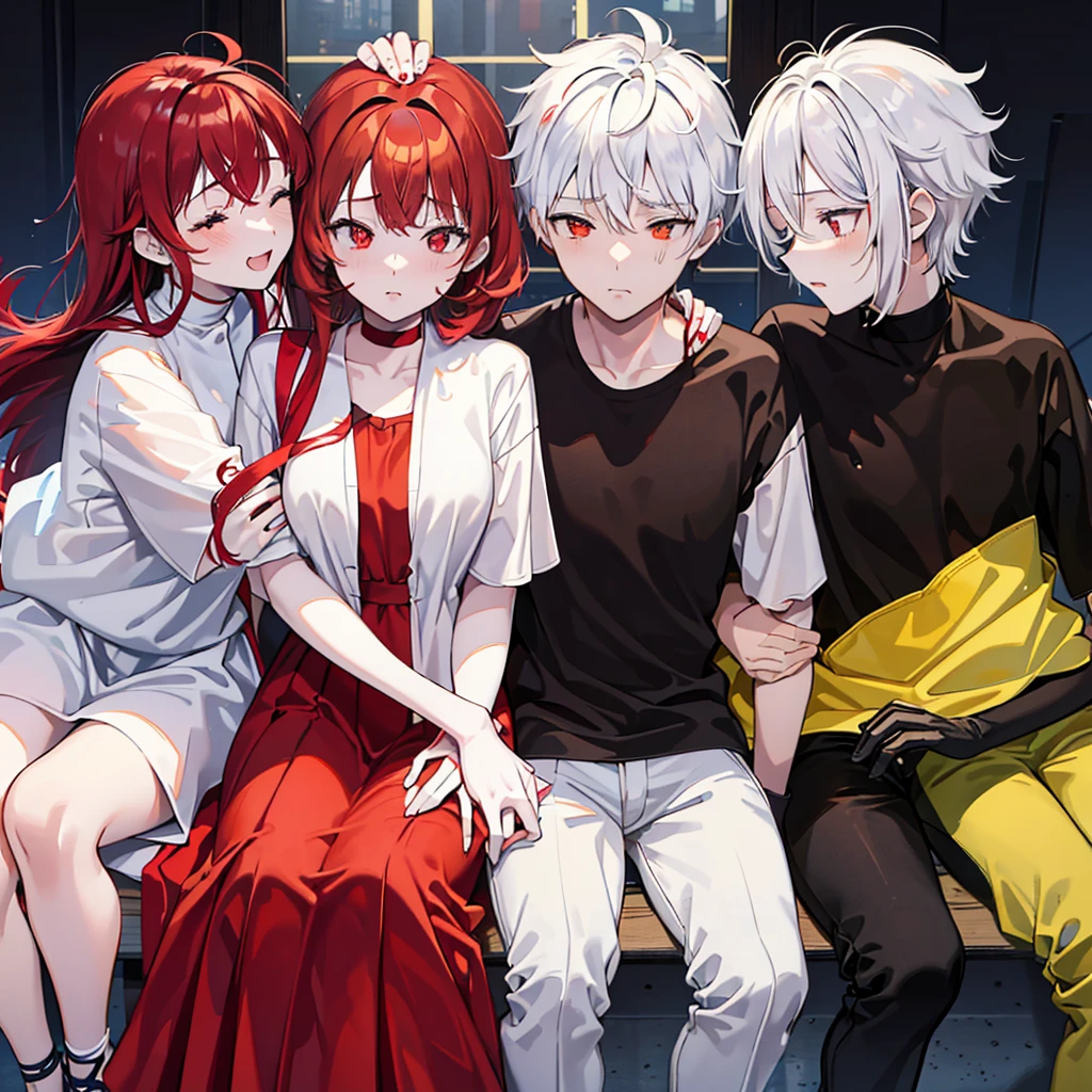 A couple of 1 girl and 2 boys,one with red hair, yellow eyes and white skin with the name sato kissing the neck of the girl with black and curly hair dark skin black eyes and name mayza one with white hair with red eyes white skin with the name haruki kissing on the mouth with closed eyes of a girl.